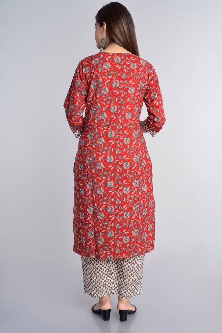 Stylish Red & White Cotton Flora Print Kurta With Pant Set And Dupatta Set